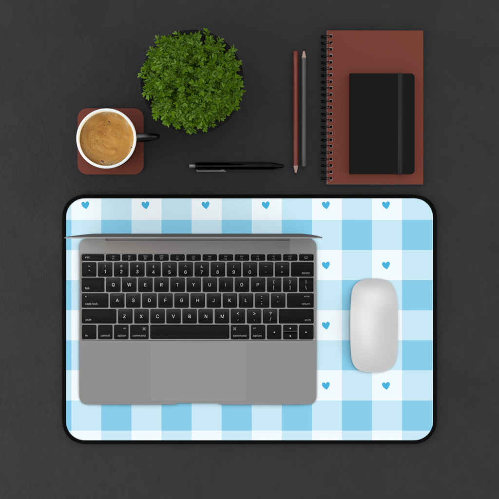 Blue Gingham Hearts Desk Mat — Cute Checkered Mouse Pad for Office & Study