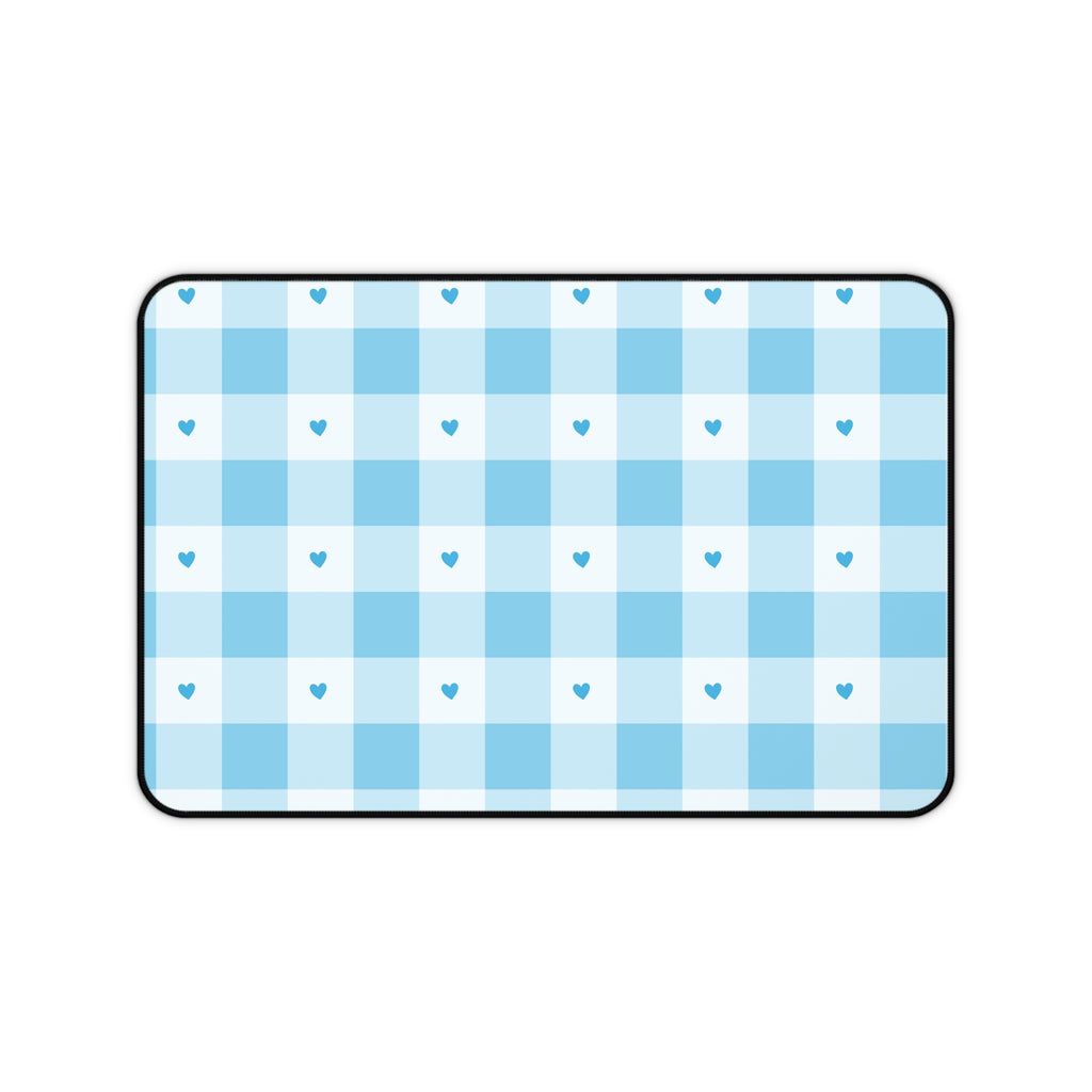 Blue Gingham Hearts Desk Mat — Cute Checkered Mouse Pad for Office & Study