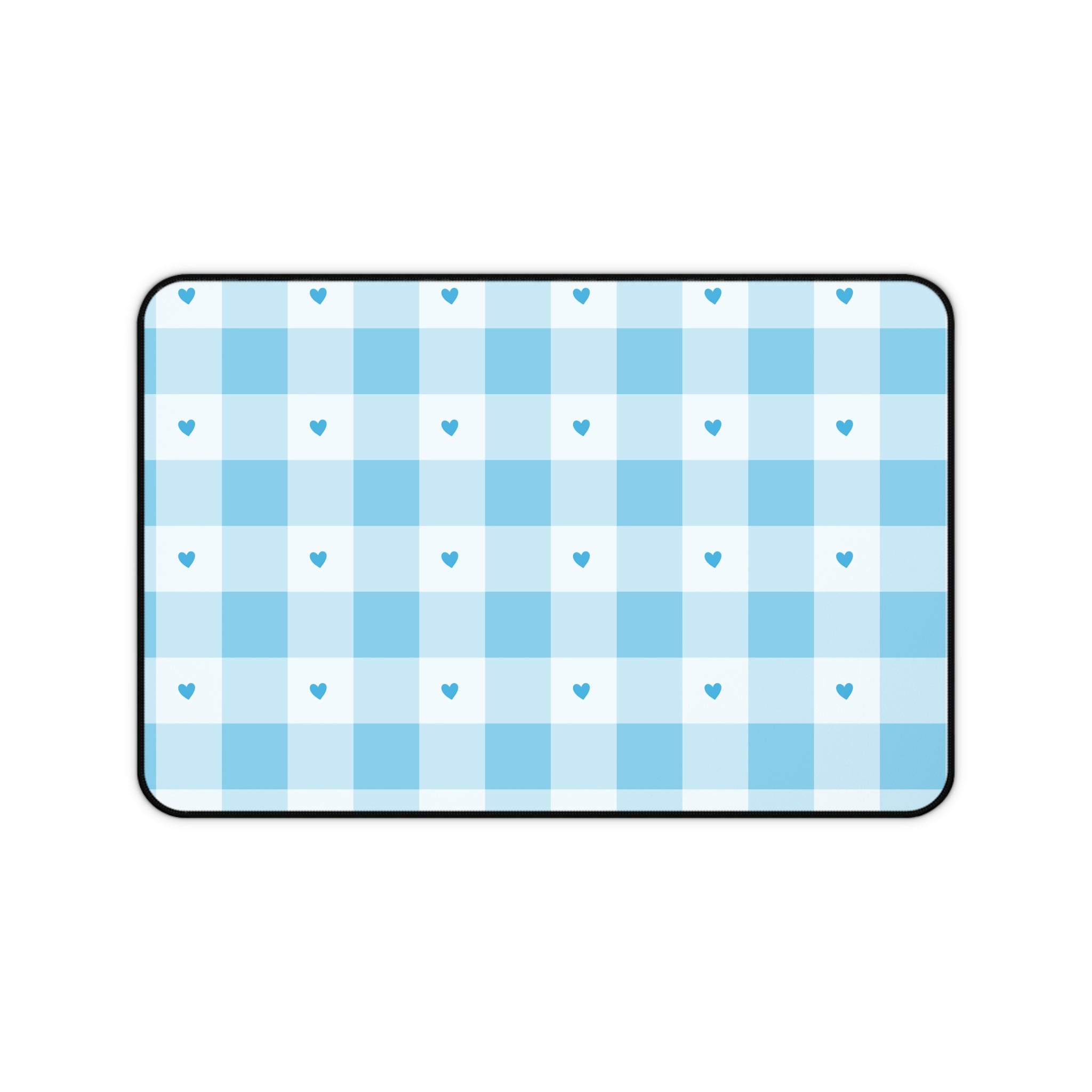 Blue Gingham Hearts Desk Mat — Cute Checkered Mouse Pad for Office & Study