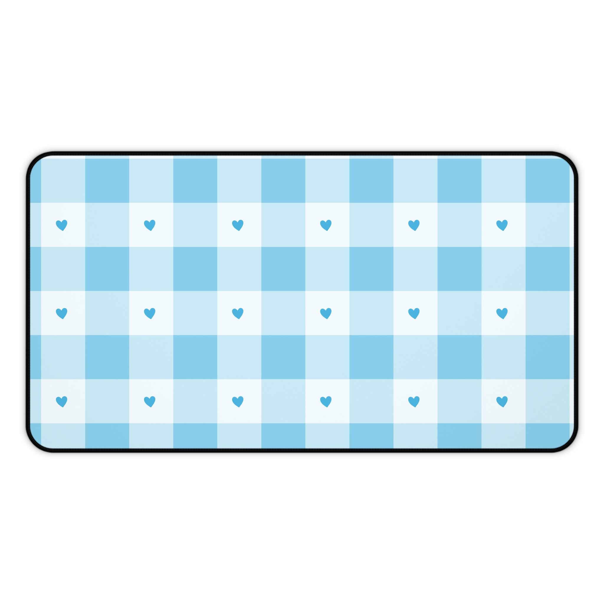 Blue Gingham Hearts Desk Mat — Cute Checkered Mouse Pad for Office & Study