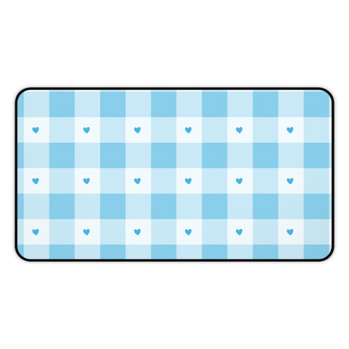 Blue Gingham Hearts Desk Mat — Cute Checkered Mouse Pad for Office & Study