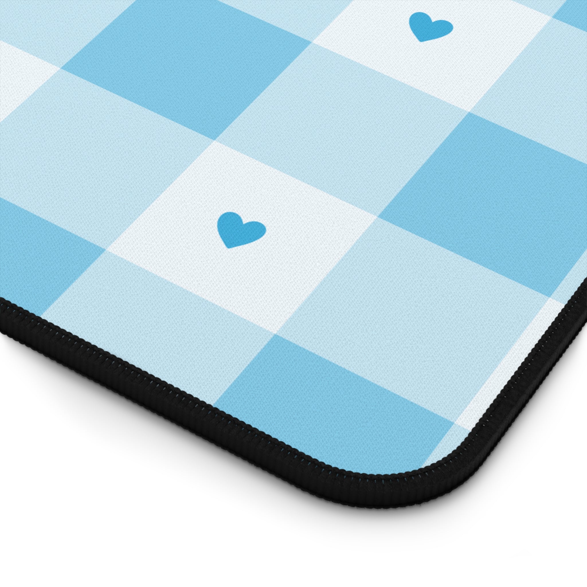 Blue Gingham Hearts Desk Mat — Cute Checkered Mouse Pad for Office & Study