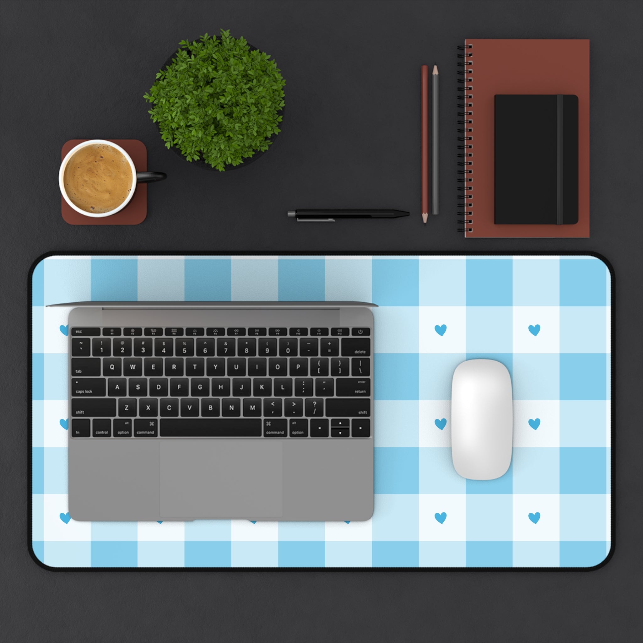 Blue Gingham Hearts Desk Mat — Cute Checkered Mouse Pad for Office & Study