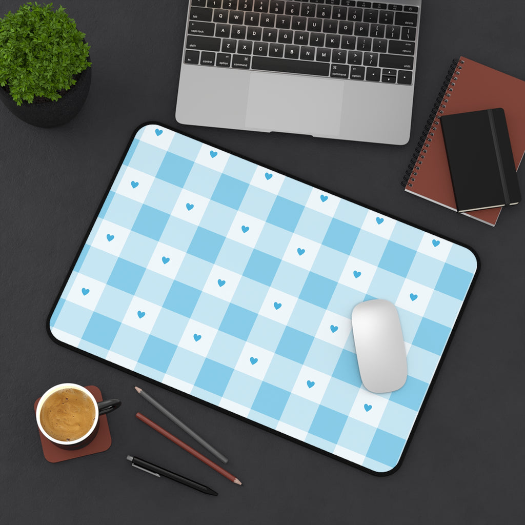 Blue Gingham Hearts Desk Mat — Cute Checkered Mouse Pad for Office & Study