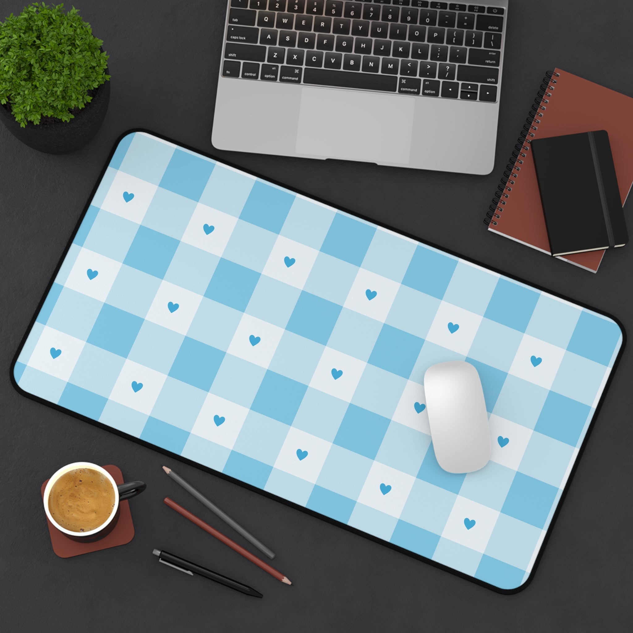 Blue Gingham Hearts Desk Mat — Cute Checkered Mouse Pad for Office & Study
